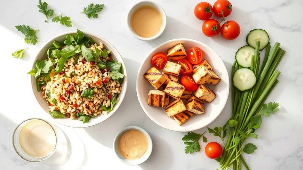 Overhead flat lay of paneer-based meal components: bowl of cooked quinoa, fresh mixed greens, grilled paneer cubes, cherry tomatoes, cucumber slices, and a small bowl of lemon tahini dressing, all arranged on a light marble surface with natural window light
