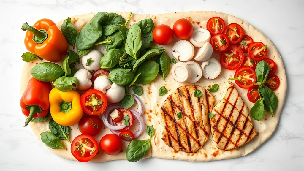 Digital flat lay showing diverse fresh pizza toppings arranged on white marble surface: vibrant bell peppers, mushrooms, onions, spinach, tomatoes, and grilled chicken breast, natural lighting emphasizing food colors and textures