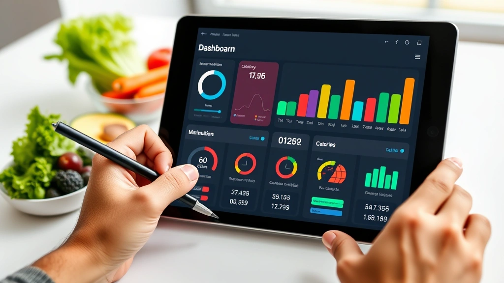 Modern nutrition dashboard interface on tablet displaying colorful macronutrient breakdown charts and calorie counters, hands holding stylus, minimalist desk environment with healthy food visible in background