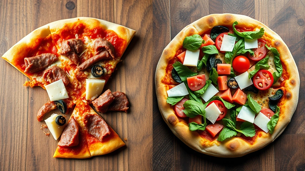 Split-screen comparison composition: left side shows indulgent loaded pizza slice with multiple meats and cheese, right side displays lighter thin-crust pizza with fresh vegetables and minimal cheese, professional food photography lighting