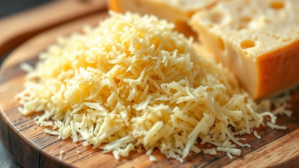 Close-up of grated parmesan cheese on a wooden board with aged cheese wheel in soft natural light, emphasizing texture and golden color