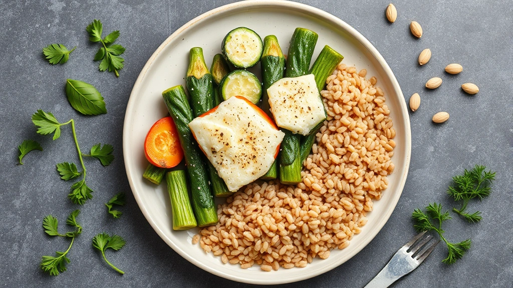 Overhead flat lay of parmesan-topped vegetables and whole grains arranged on a ceramic plate, showing nutritious meal composition