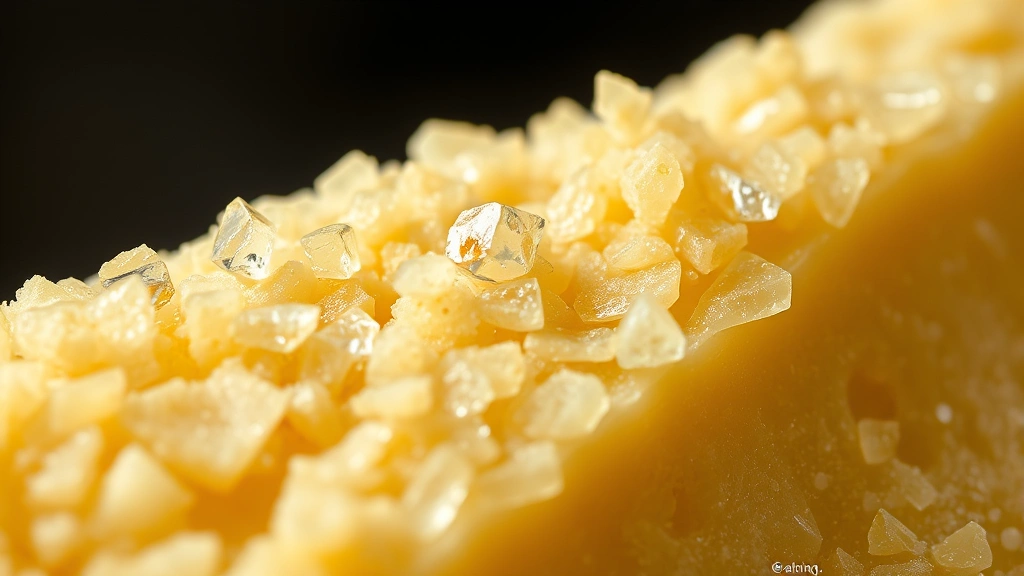 Detailed macro photography of parmesan crystal structure and granules, highlighting the aged cheese's mineral density and composition