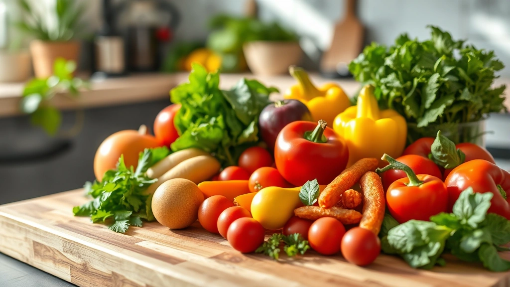 Close-up of diverse fresh vegetables and fruits arranged on a wooden cutting board, natural daylight illuminating nutrient-rich foods, soft focus background with kitchen setting, photorealistic wellness aesthetic