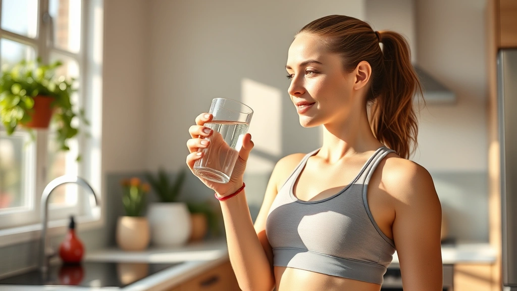 Woman in fitness attire holding a glass of water in bright, modern kitchen, natural morning light streaming through windows, representing hydration during pause periods, wellness lifestyle imagery