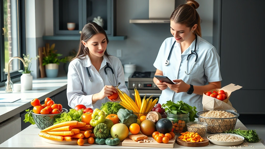 Professional dietitian reviewing colorful nutrient-dense foods including vegetables, fruits, proteins, and whole grains on a modern kitchen counter, natural lighting, photorealistic