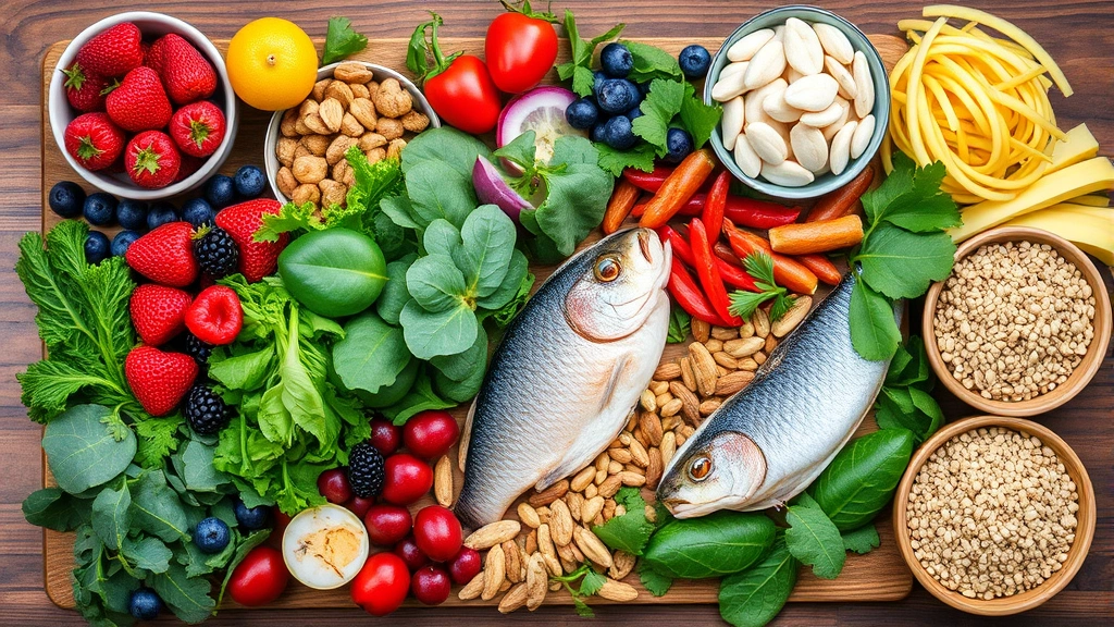 Diverse selection of fresh whole foods arranged artfully including leafy greens, berries, legumes, nuts, fish, and whole grains on wooden surface, vibrant colors, professional food photography style