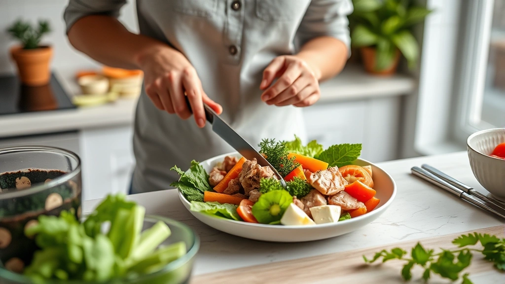 Person preparing healthy meal with fresh ingredients, chopping vegetables and assembling balanced plate with proteins and vegetables, modern kitchen setting, natural daylight, realistic photography