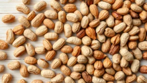 Close-up overhead shot of scattered raw and roasted peanuts with their papery skins visible on a light wooden surface, natural diffuse lighting emphasizing texture and color variation between varieties