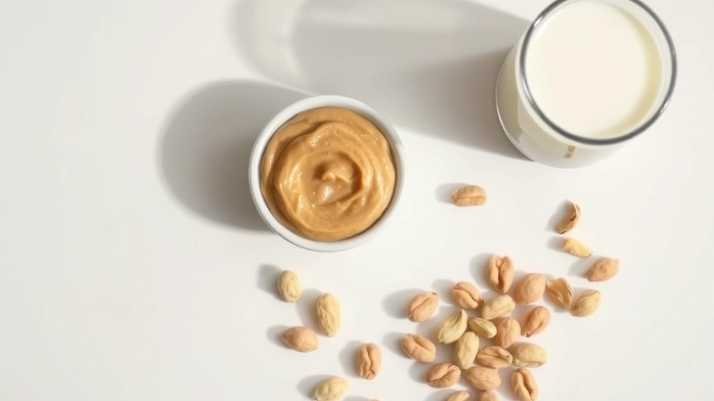 Flat lay composition showing a small white ceramic bowl of natural peanut butter next to a handful of whole peanuts and a glass of milk, minimalist background with soft shadows