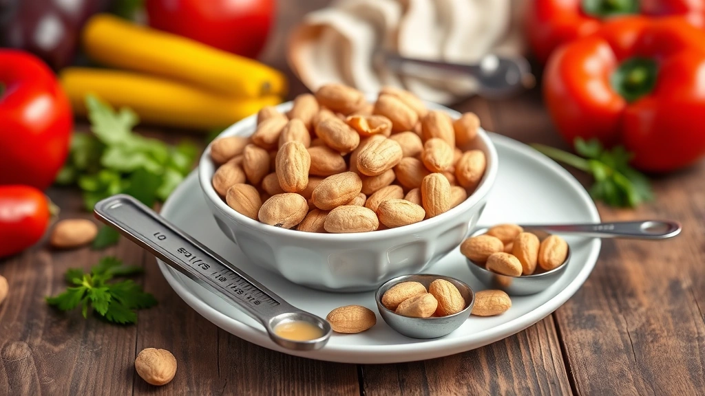 Vibrant food photography of peanuts displayed on a modern white ceramic plate alongside measuring spoons showing portion sizes, with fresh vegetables blurred in background, professional studio lighting