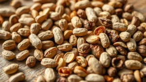 Close-up of raw and roasted peanuts scattered on a wooden surface with natural lighting, showing texture detail and variation between varieties