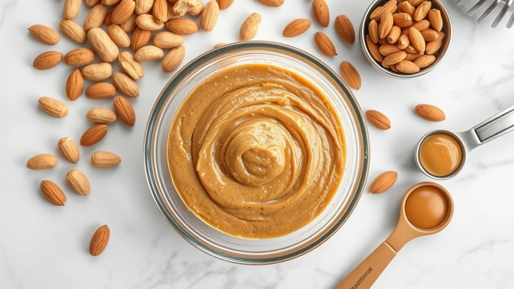 Overhead flat lay of peanut butter in a glass bowl surrounded by whole peanuts, almonds, and measuring spoons on a marble countertop