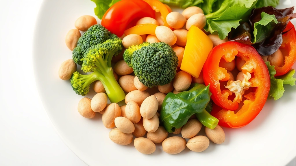 Vibrant composition of peanuts with fresh vegetables like broccoli, bell peppers, and leafy greens arranged artfully on a clean white plate