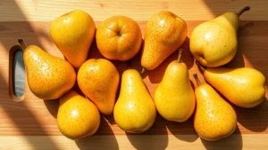 Overhead shot of fresh pears in various stages of ripeness arranged on natural wooden cutting board with water droplets, warm sunlight creating shadows, professional food photography style