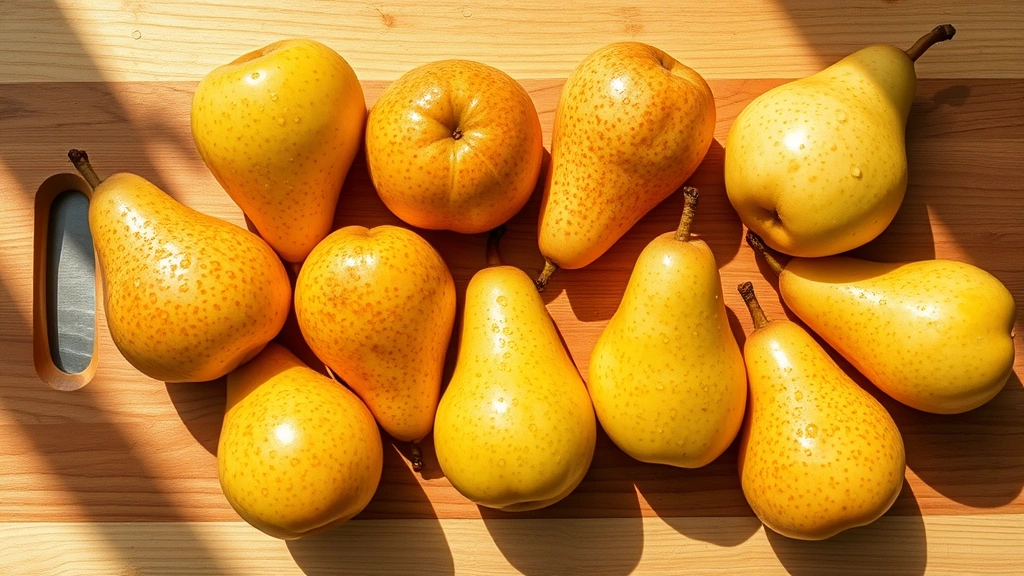 Overhead shot of fresh pears in various stages of ripeness arranged on natural wooden cutting board with water droplets, warm sunlight creating shadows, professional food photography style