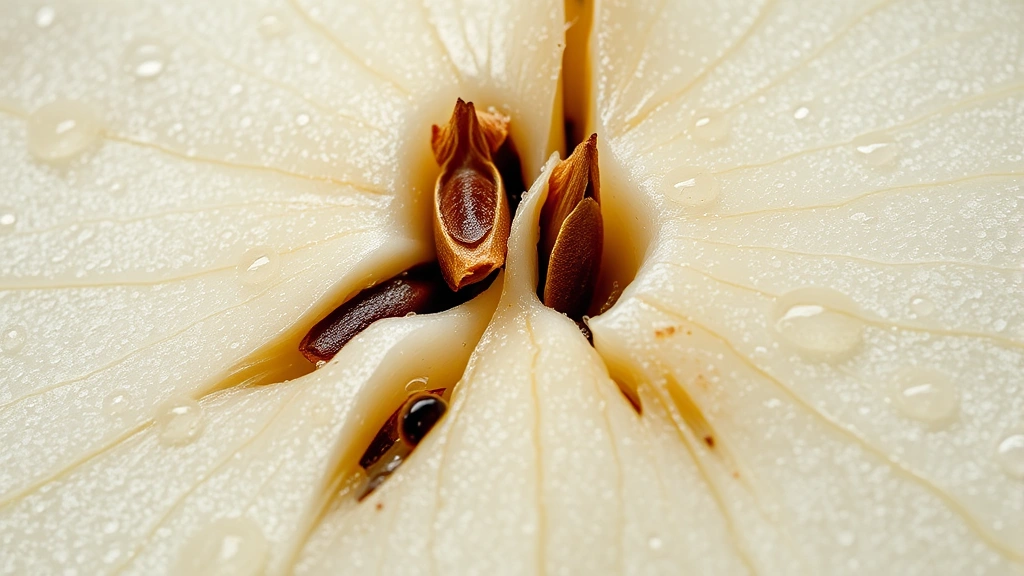 Close-up macro photograph of pear cross-section showing flesh texture and seeds, natural lighting highlighting cellular structure and juice droplets, botanical detail aesthetic