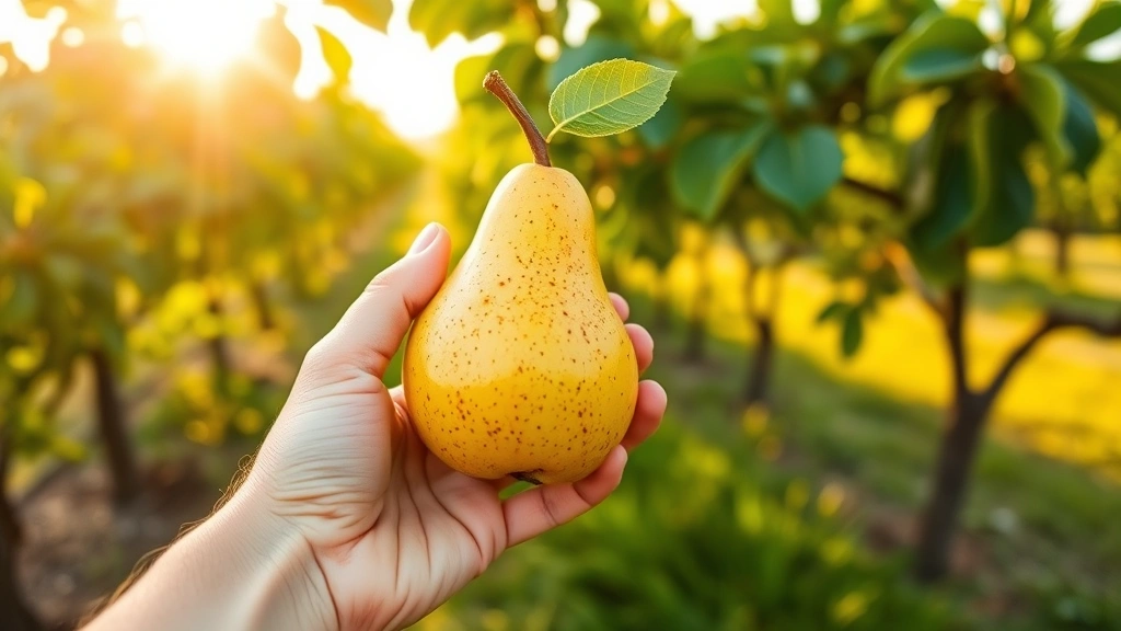 Vibrant lifestyle image of person holding fresh pear outdoors in orchard setting, golden hour sunlight, green foliage background, healthy wellness context without visible text