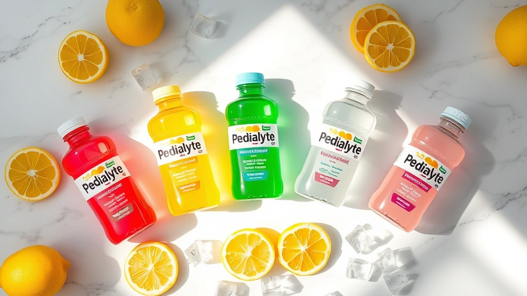 Overhead shot of colorful Pedialyte bottles arranged on white marble countertop with fresh lemon slices and ice cubes scattered around, natural daylight streaming across surface, photorealistic medical beverage product display