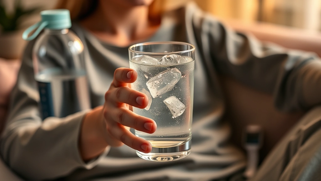 Person holding glass of clear rehydration drink with condensation droplets, sitting at home wellness recovery setup with water bottle and health tracking device nearby, warm indoor lighting, photorealistic recovery scenario