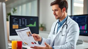 Professional dietitian nutritionist reviewing beverage nutrition labels and charts in modern clinical office setting with natural lighting, computer screen showing nutritional data, confident healthcare provider in white coat analyzing health information