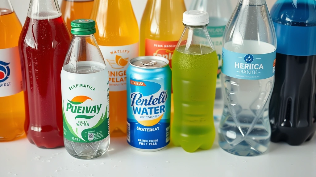 Close-up of various beverage bottles and cans on white surface with water droplets, showing carbonated drinks and healthy alternatives like sparkling water, herbal tea, and water bottles, lifestyle beverage comparison photography