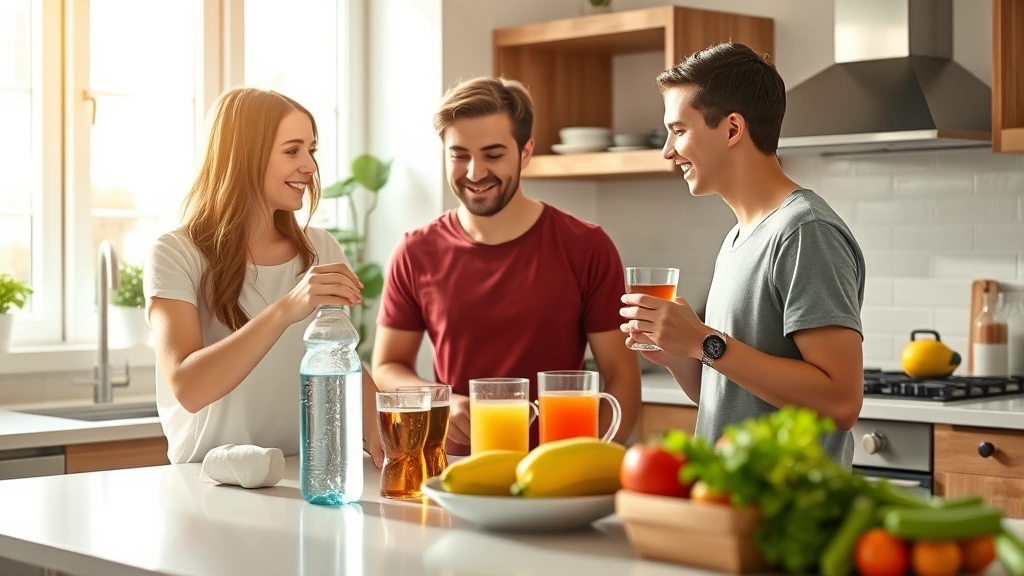 Young adults making healthy beverage choices at home kitchen counter, selecting water bottle and herbal tea instead of soda, morning wellness routine, natural sunlight through windows, modern kitchen environment with fresh produce visible