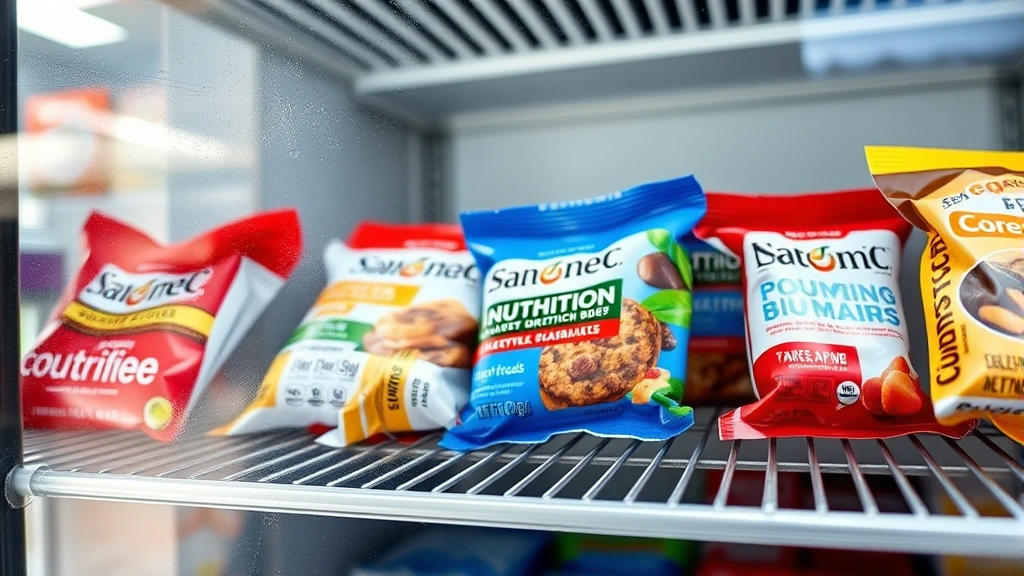 Close-up of refrigerated nutrition bars on store shelf with condensation on glass door, showing product packaging and brand labels clearly visible, natural lighting from supermarket