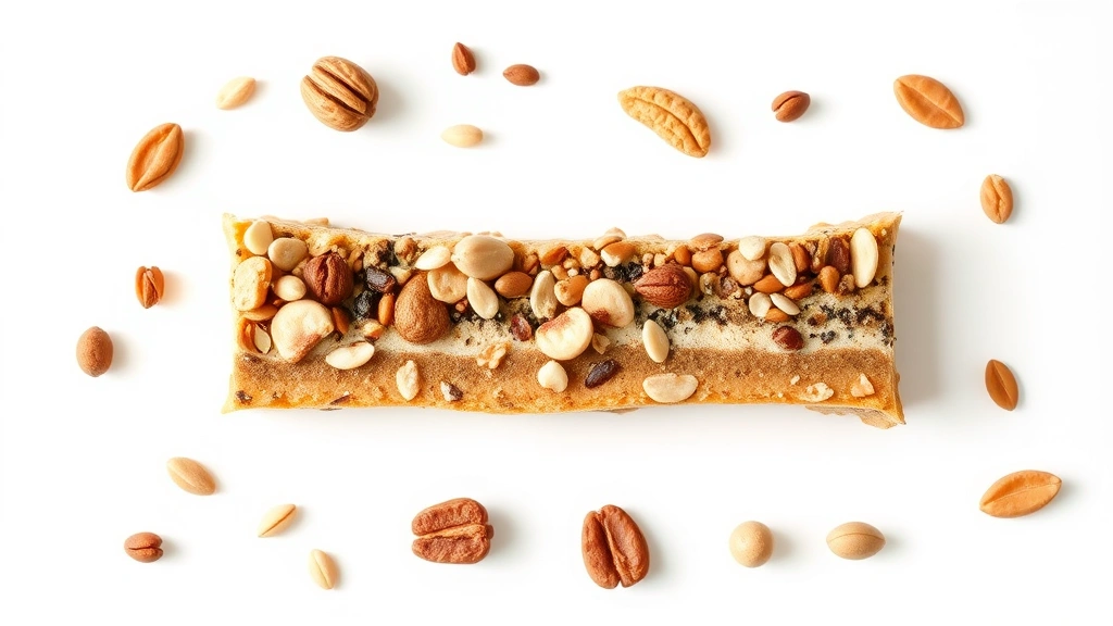 Flat lay of nutrition bar cross-section showing visible nuts, seeds, and layered ingredients, with macronutrient label visible in soft natural light on white background