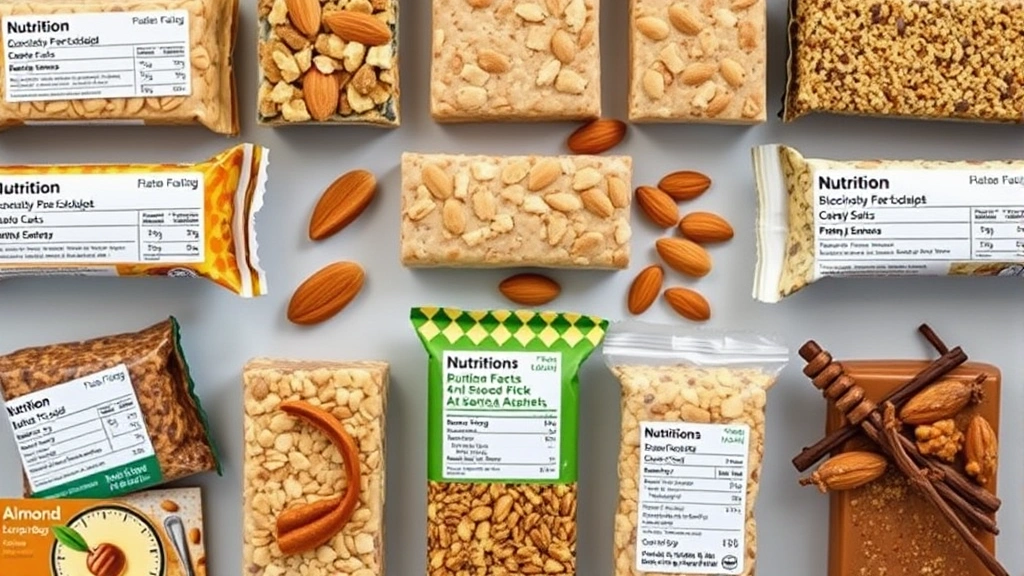 Overhead view of various nutrition bars arranged in comparison display with nutrition labels visible, including whole food ingredients like almonds and honey, professional product photography