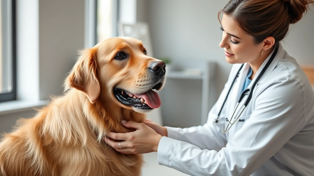 Professional veterinarian examining a healthy golden retriever during nutrition consultation in modern clinical setting, natural lighting, focus on veterinarian's attentive expression and pet's calm demeanor