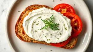 Close-up overhead shot of cream cheese spread on whole grain toast with fresh tomato slices and herbs, natural morning kitchen lighting, minimalist plating style