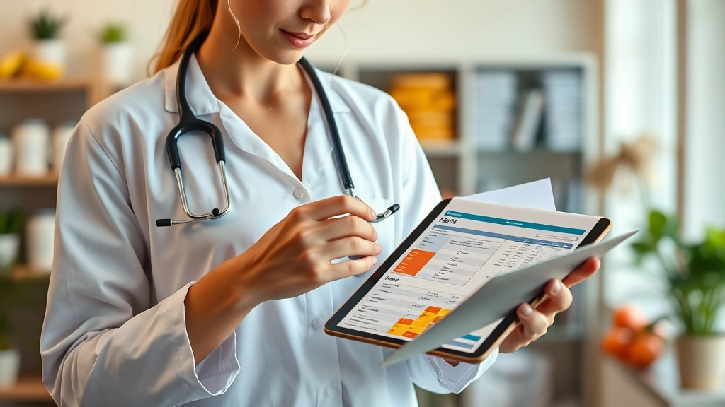 Nutritionist reviewing food labels and dietary charts on tablet while holding dairy products, professional healthcare setting, warm professional lighting
