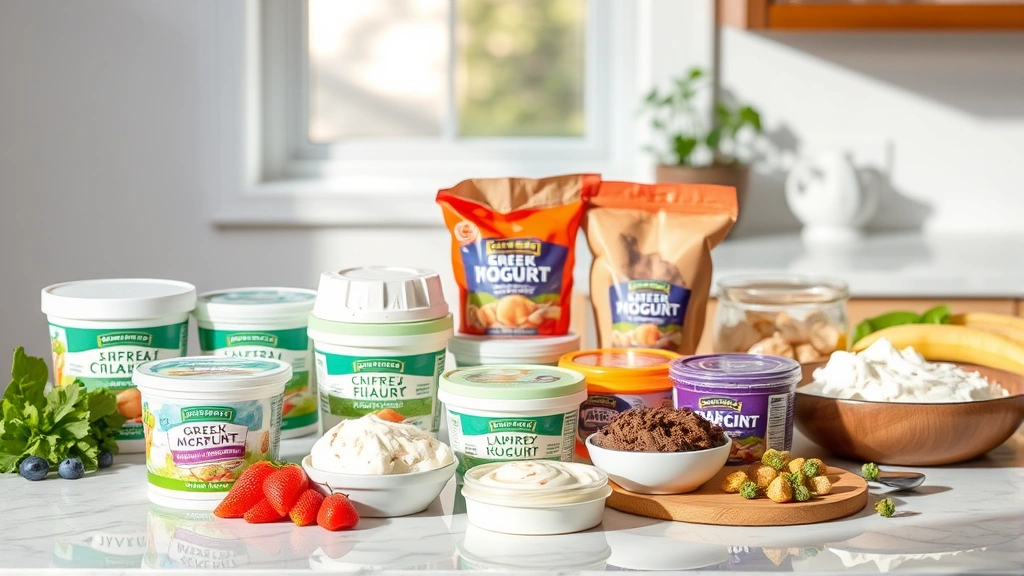 Colorful array of alternative spreads and dairy products including Greek yogurt, ricotta, and plant-based options arranged on marble countertop, natural daylight