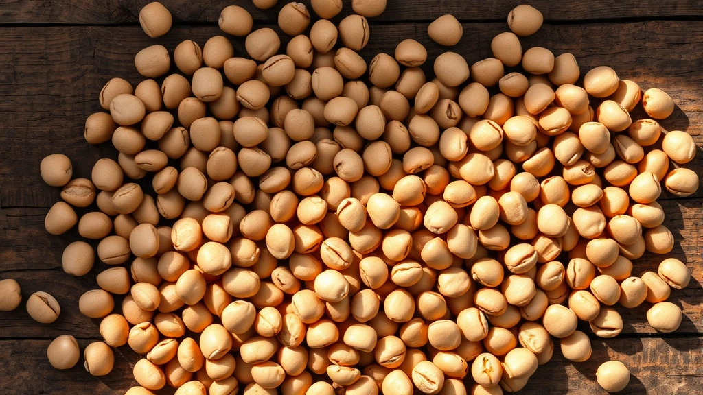 Close-up overhead shot of scattered dry pinto beans in natural light on a rustic wooden surface, shallow depth of field, photorealistic, warm earthy tones, no text or labels visible