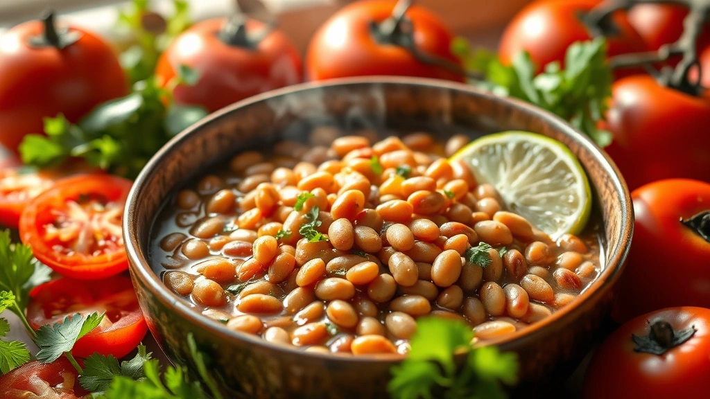 Vibrant bowl of cooked pinto beans steaming, surrounded by fresh vegetables including tomatoes, cilantro, and lime, professional food photography style, natural sunlight, no visible text or nutritional information panels