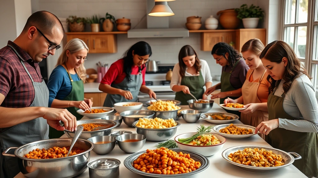 Diverse group of people in a bright kitchen preparing meals with pinto beans in various stages—cooking, mixing, plating—showing real-world meal preparation, warm inviting atmosphere, photorealistic, no instruction text or labels