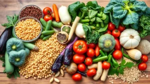 Diverse colorful vegetables and legumes arranged on wooden table in natural light, showcasing global plant-based foods including lentils, chickpeas, kale, tomatoes, and grains from various cultures