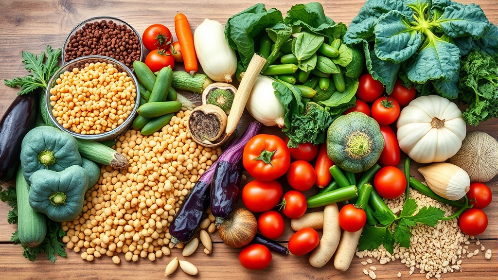 Diverse colorful vegetables and legumes arranged on wooden table in natural light, showcasing global plant-based foods including lentils, chickpeas, kale, tomatoes, and grains from various cultures