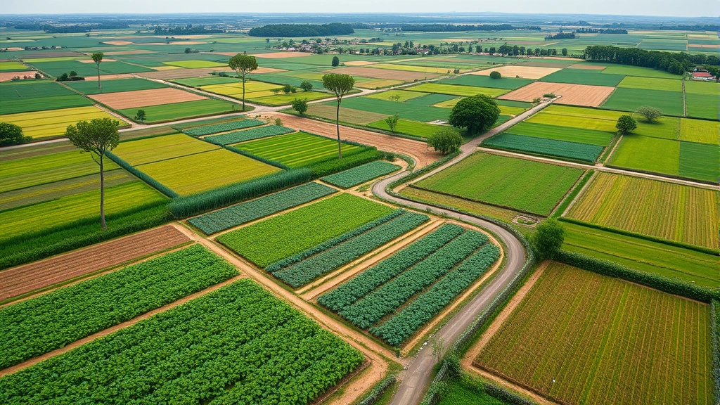 Aerial view of sustainable farm with mixed crops, green fields, and water conservation systems demonstrating regenerative agriculture practices supporting planet nutrition
