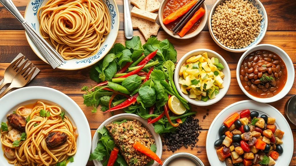 Global dinner table with traditional dishes from different cultures—Asian noodle bowl, Mediterranean salad, African grains, Latin American beans—representing diverse sustainable dietary patterns