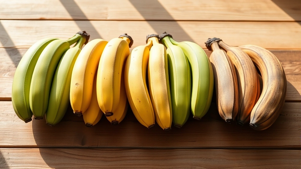 Fresh plantains at various ripeness stages from green to brown, arranged on natural wooden surface with warm natural sunlight, photorealistic professional food photography style