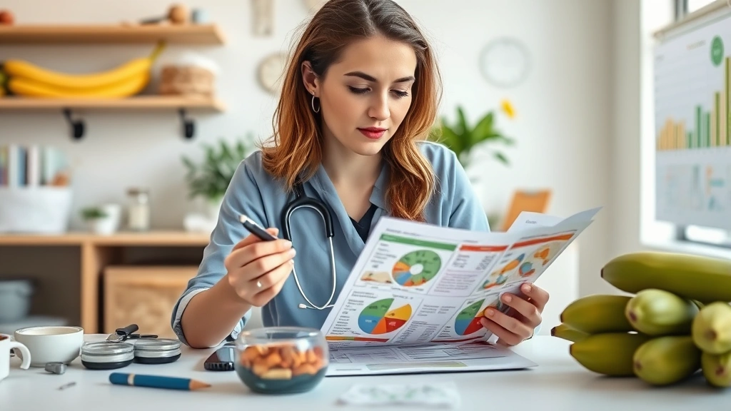 Nutritionist or dietitian analyzing plantain nutritional information at workspace, with fresh plantains, measuring tools, and health data visible, professional healthcare setting photography