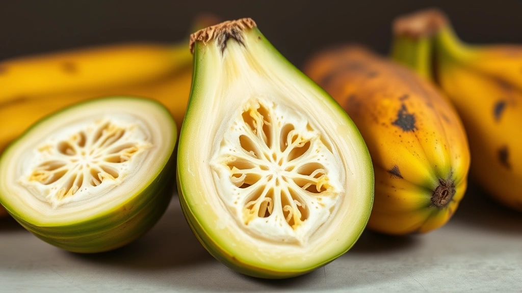 Cross-section of green plantain showing starchy interior texture, displayed alongside yellow and brown ripe plantains, clinical nutritional education photography style