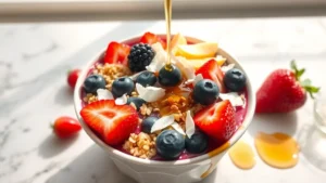 Vibrant açai bowl with fresh berries, granola, coconut flakes, and honey drizzle photographed from directly above on a marble countertop, natural morning sunlight illuminating the colorful fruit toppings and yogurt base, no text or logos visible