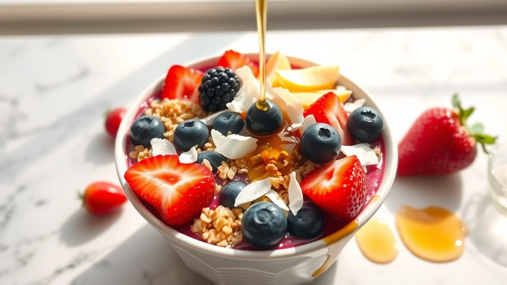 Vibrant açai bowl with fresh berries, granola, coconut flakes, and honey drizzle photographed from directly above on a marble countertop, natural morning sunlight illuminating the colorful fruit toppings and yogurt base, no text or logos visible