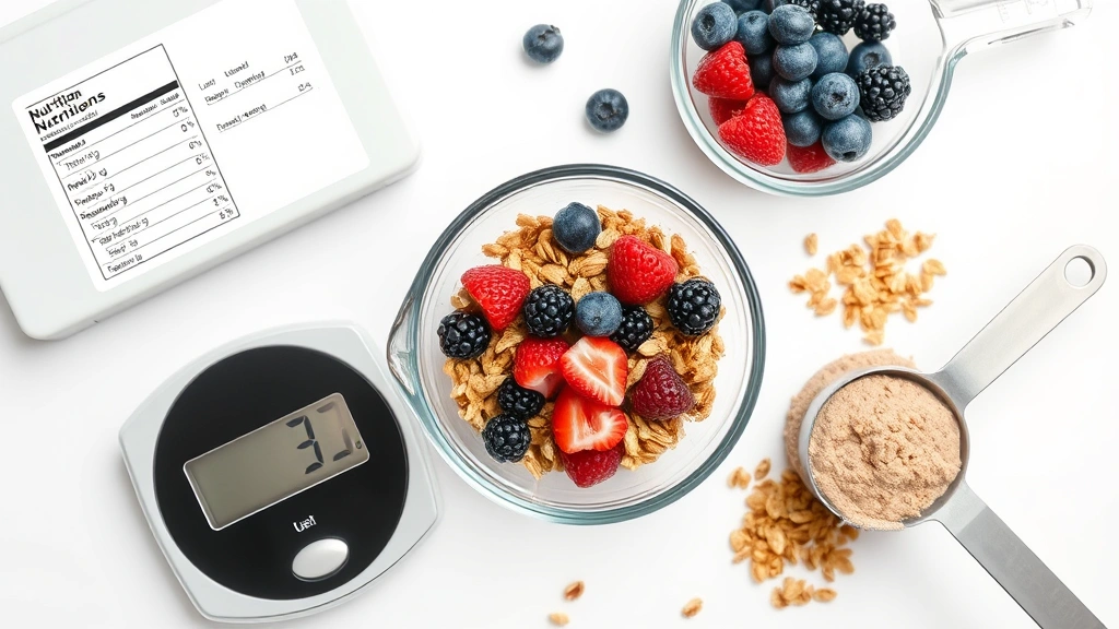 Close-up nutritional analysis: nutrition label, food scale measuring granola, fresh berries in glass bowl, and protein powder scoop arranged in flat-lay composition on clean white background, emphasizing measurement and ingredient transparency