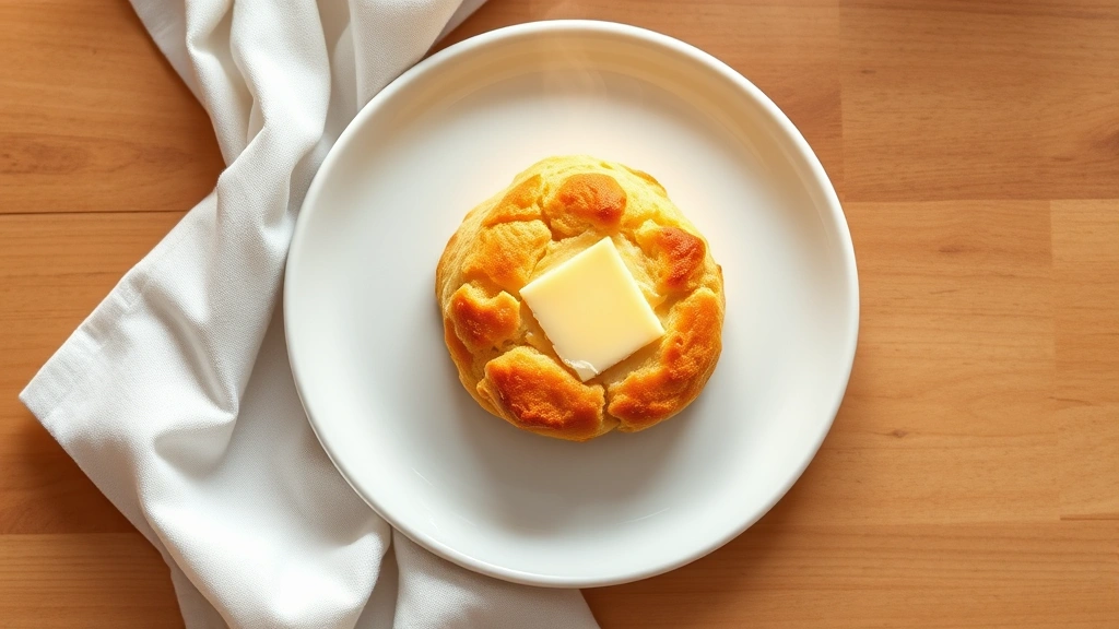 Overhead flat lay of a golden-brown buttery biscuit on white ceramic plate with steam rising, professional food photography style, natural window lighting, warm tones, no text or labels visible