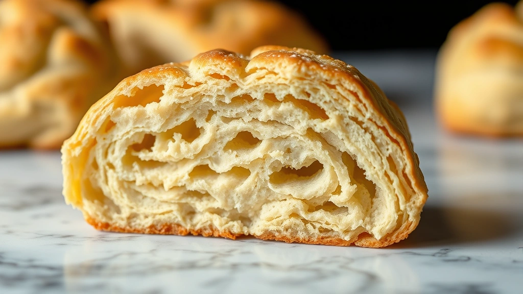 Close-up cross-section of a flaky biscuit showing interior layers and texture, cut in half on marble surface, shallow depth of field, professional culinary photography, no text