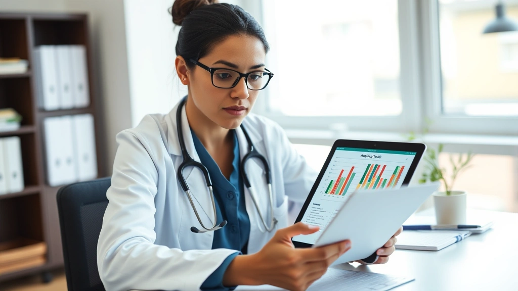 Nutritionist or dietitian reviewing nutrition facts documentation at desk with tablet displaying charts, professional healthcare setting, natural lighting, focused serious expression, no visible screen text or identifiable content
